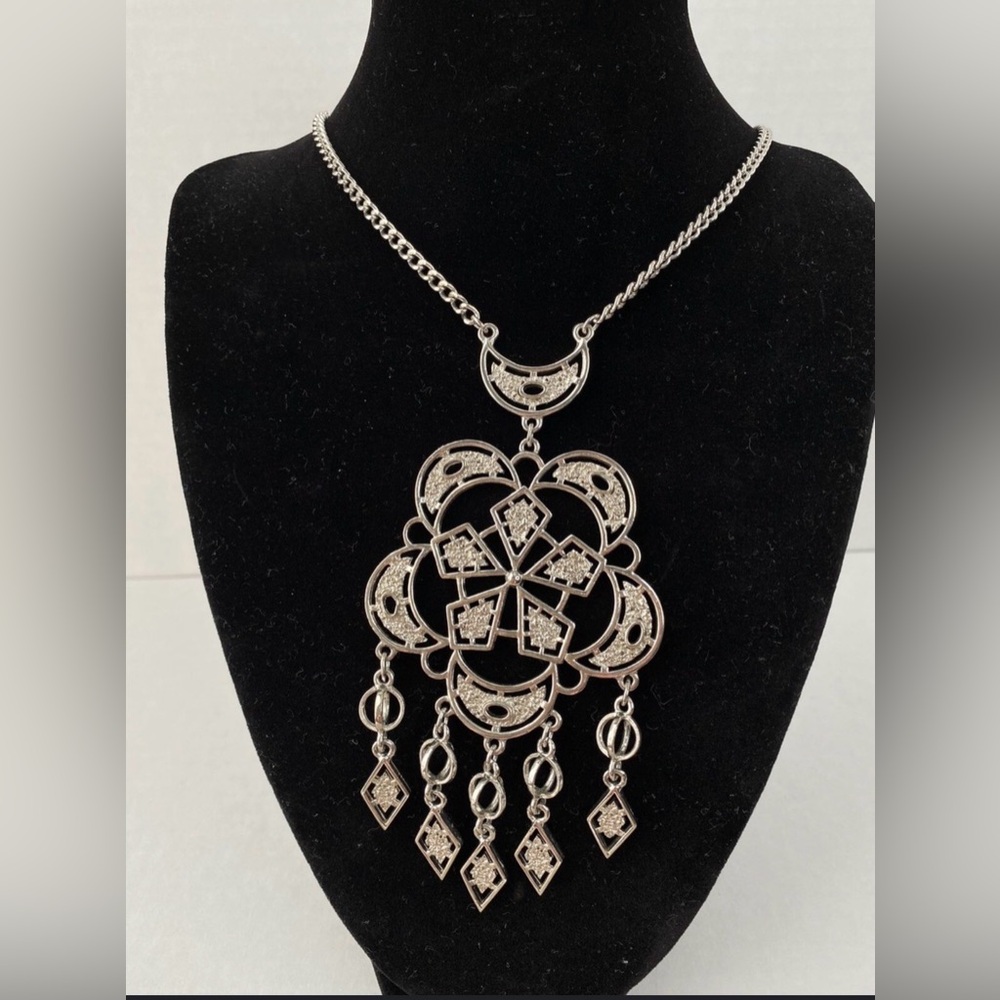 Vintage Bohemian Necklace Silver Tone Rhinestone Dangle Catching Dream Style.
